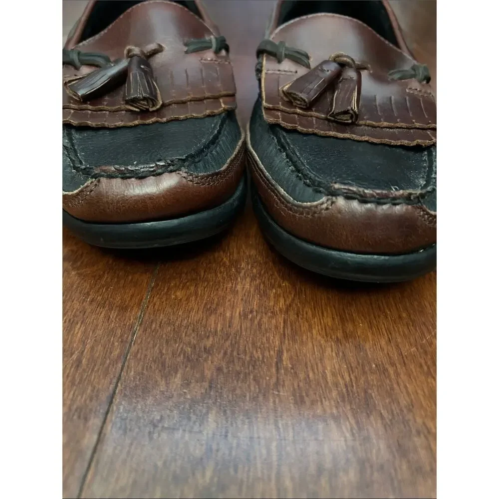 Sperry Top Sider Two-Tone Black and Brown Leather Tassel Loafers, Size 10.5